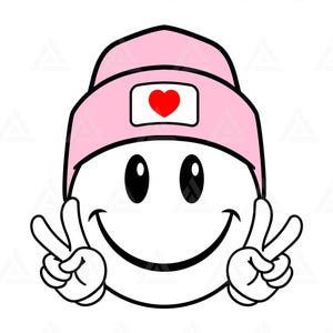 Gorro rosa con cara feliz SVG, signo de la paz SVG, clipart de cara feliz, cara feliz retro PNG. Archivo de corte Cricut, silueta, PNG, vector.