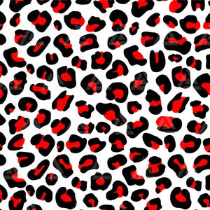 May include: A seamless pattern featuring a repeating design of black and red leopard spots on a white background.