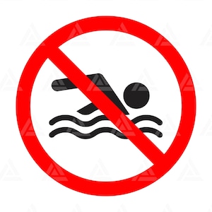 Op de afbeelding: Een rode cirkel met een diagonale rode lijn, die een verbod aangeeft. Binnen de cirkel is een zwart silhouet van een persoon die in het water zwemt. De afbeelding is een niet-zwemmen-bord.