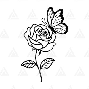 May include: Black and white line art of a rose with a butterfly perched on top. The rose is in full bloom, with detailed petals. The butterfly has intricate wing patterns. The stem has leaves.