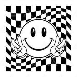 Cara feliz SVG, símbolo de la paz SVG, cara feliz a cuadros Clipart, cara feliz retro PNG. Archivo de corte Cricut, silueta, PNG PDF, clip art vectorial.