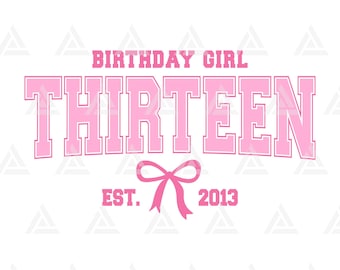 Trece Est. 2013 Svg, Niña de cumpleaños con lazo rosa coqueto Png, Imágenes prediseñadas para fiesta de 13 cumpleaños, Decimotercer cumpleaños. Archivo de corte Cricut, Vector.