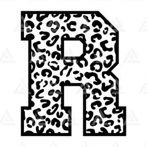 Leopard R brief Monogram Svg, Cheetah R brief Svg, Leopard College lettertype alfabet Svg. Bestand knippen Cricut, silhouet, Png Pdf Eps, Vector