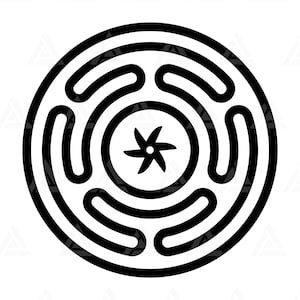 May include: Black and white illustration of a circular design with a five-pointed star in the center and four curved lines radiating outward.