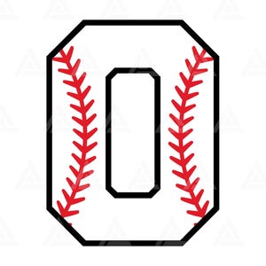 Puede incluir: Un número cero blanco con temática de béisbol con costuras rojas. El número está delineado en negro.