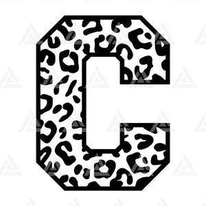 May include: A black and white letter "C" with a leopard print pattern. The letter is outlined in black and filled with black spots on a white background. The design is a bold, graphic representation of the letter.