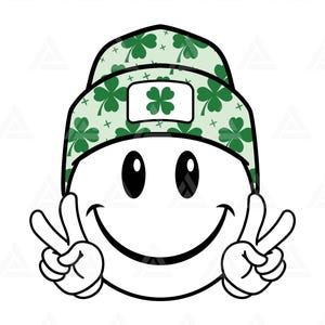 Happy Face Four Leaf Clover Beanie Svg, Peace Sign Svg, Saint Patrick's Day. Snijbestand Cricut, silhouet, png-pdf-bestand, vector.