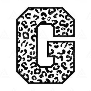 May include: Black and white leopard print letter G in a varsity style font.
