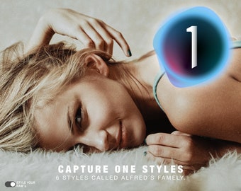 Puede incluir: Una mujer tumbada sobre una superficie blanca y peluda con un círculo azul y morado que contiene el número 1 en texto blanco. El texto debajo del círculo dice "Capture One Styles 6 Styles Called Alfred's Family."