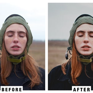 Puede incluir: Una mujer con cabello rojo que lleva una chaqueta verde con capucha y una chaqueta negra con los ojos cerrados. El fondo es un campo borroso.