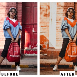 Puede incluir: Una mujer con una sudadera azul, roja y blanca, pantalones negros y zapatillas blancas est&aacute; de pie frente a una pared de ladrillo rojo. Lleva una mochila roja con la marca Puma blanca.