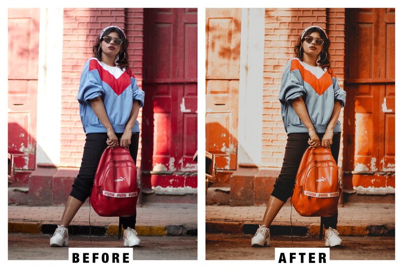 Puede incluir: Una mujer con una sudadera azul, roja y blanca, pantalones negros y zapatillas blancas est&aacute; de pie frente a una pared de ladrillo rojo. Lleva una mochila roja con la marca Puma blanca.