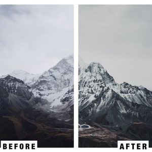 Puede incluir: Foto antes y despu&eacute;s de una cordillera con picos cubiertos de nieve. La imagen de la izquierda es un poco m&aacute;s brillante y la imagen de la derecha es m&aacute;s oscura y m&aacute;s dram&aacute;tica.