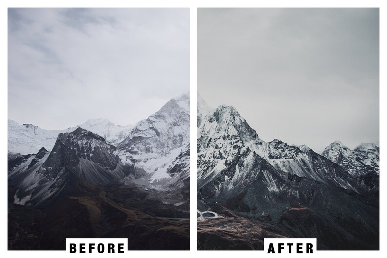 Puede incluir: Foto antes y despu&eacute;s de una cordillera con picos cubiertos de nieve. La imagen de la izquierda es un poco m&aacute;s brillante y la imagen de la derecha es m&aacute;s oscura y m&aacute;s dram&aacute;tica.