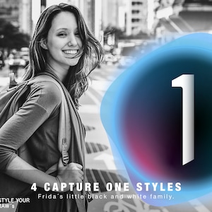 May include: A black and white photograph of a woman walking down a city street. She is wearing a dark jumper and carrying a rucksack. A large blue and white circle with the number "1" in white text is in the background. The text "4 CAPTURE ONE STYLES Frida's little black and white family." is at the bottom of the image.