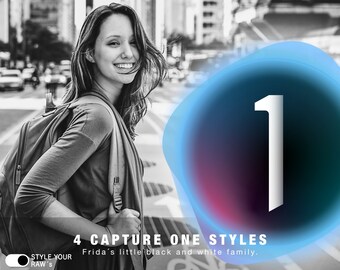 Puede incluir: Una foto en blanco y negro de una mujer caminando por una calle de la ciudad. Lleva un suéter oscuro y lleva una mochila. Un gran círculo azul y blanco con el número "1" en texto blanco está en el fondo. El texto "4 CAPTURE ONE STYLES Frida's little black and white family." está en la parte inferior de la imagen.