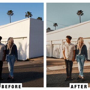 Puede incluir: Una pareja vestida con ropa informal se encuentra frente a un edificio blanco con puertas de garaje. El hombre lleva una camisa beige claro, pantalones negros y gafas de sol. La mujer lleva una chaqueta vaquera azul, pantalones vaqueros azules y una camisa blanca. El edificio est&aacute; frente a un cielo azul con palmeras en el fondo.