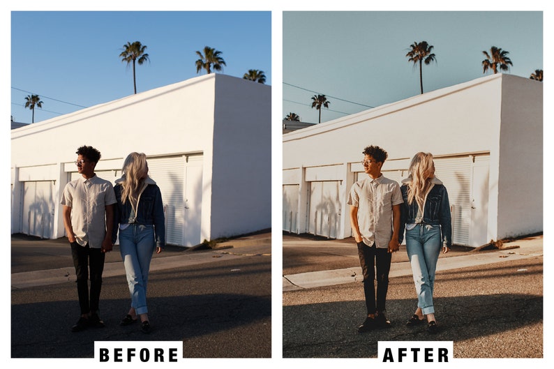Puede incluir: Una pareja vestida con ropa informal se encuentra frente a un edificio blanco con puertas de garaje. El hombre lleva una camisa beige claro, pantalones negros y gafas de sol. La mujer lleva una chaqueta vaquera azul, pantalones vaqueros azules y una camisa blanca. El edificio est&aacute; frente a un cielo azul con palmeras en el fondo.