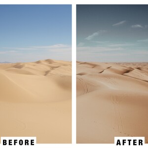 Puede incluir: Una imagen de antes y despu&eacute;s que muestra la diferencia de color y contraste de un paisaje des&eacute;rtico. La imagen de la izquierda es un cielo azul brillante y claro con un desierto marr&oacute;n claro. La imagen de la derecha tiene un cielo azul m&aacute;s oscuro con un desierto marr&oacute;n m&aacute;s apagado.