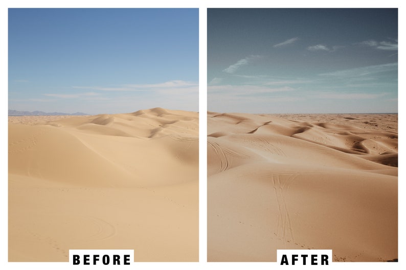 Puede incluir: Una imagen de antes y despu&eacute;s que muestra la diferencia de color y contraste de un paisaje des&eacute;rtico. La imagen de la izquierda es un cielo azul brillante y claro con un desierto marr&oacute;n claro. La imagen de la derecha tiene un cielo azul m&aacute;s oscuro con un desierto marr&oacute;n m&aacute;s apagado.