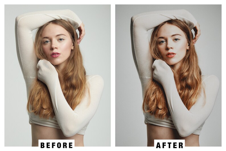 Puede incluir: Una imagen de antes y despu&eacute;s que muestra la diferencia en el tono de piel y la correcci&oacute;n de color. La imagen de la izquierda muestra a una mujer con una tez p&aacute;lida y la imagen de la derecha muestra a la misma mujer con un tono de piel m&aacute;s c&aacute;lido.