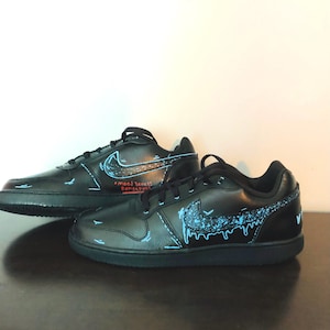 Cartoon-drip Black and Light blue custom hand-painted Nike Ebernon shoes, choose your own short quote