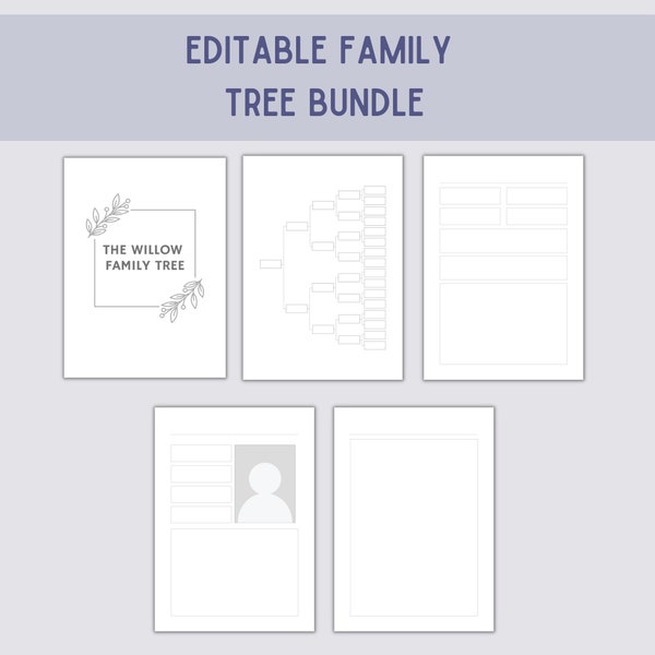 Editable Family Tree Template Pages | Pedigree Chart and Individual Record Sheets with Photo and Biography Pages | Digital Download