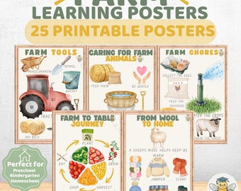 Farm Learning Posters | Preschool Farm Theme Printables | 25 Educational Posters | Homeschool Classroom Decor | Kindergarten Printable PDF
