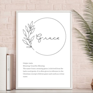 May include: A white framed wall art print featuring the name Grace in a black cursive script, enclosed within a circular line drawing with a leafy branch. Below the name, the text provides the origin, meaning, and definition of the name.