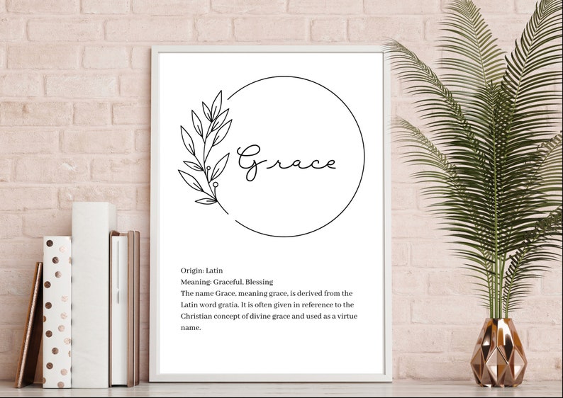 May include: A white framed wall art print featuring the name Grace in a black cursive script, enclosed within a circular line drawing with a leafy branch. Below the name, the text provides the origin, meaning, and definition of the name.
