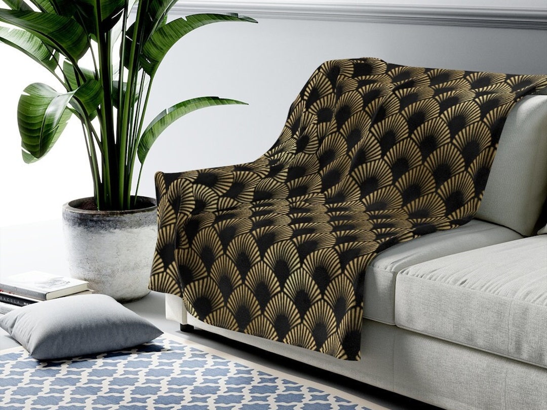 Velveteen Plush Blanket Art Deco Blanket Black and Gold Etsy