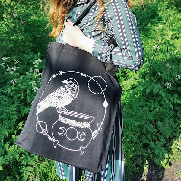 Witchy Book Reader Black Tote Bag | Halloween | Raven | Cauldron | 100% cotton | Crow | Long Handles