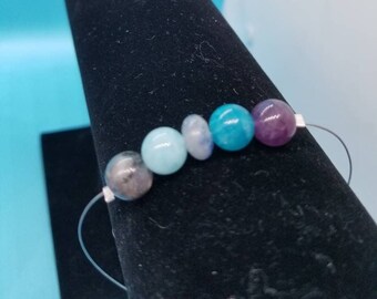 Amethyst, Blue apatite, Blue aventurine, Aquamarine, Labradorite on stainless steel wire bracelet,  7.5 inch and Tibetan silver heart clasp