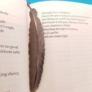 May include: A metal feather bookmark is inserted into a book. The bookmark is a dark gray color and has detailed feather textures. The book pages are white with black text. The background is a solid light blue.