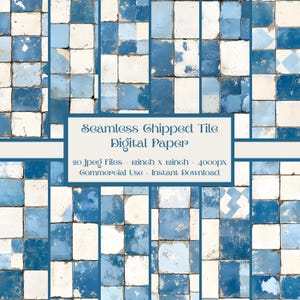 May include: A digital paper collection featuring a seamless pattern of weathered, chipped square tiles in shades of blue and white. The central text reads: Seamless Chipped Tile Digital Paper, 20 Jpeg Files - 12inch x 12inch - 4000px, Commercial Use - Instant Download.