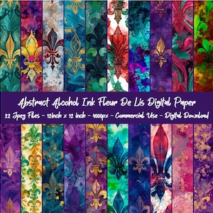 Könnte beinhalten: Eine Sammlung von digitalem Papier mit abstrakten Alkohol-Tinte-Hintergründen und Fleur-de-Lis-Motiven in Gold, Rot, Blau, Lila und Grün. Der Text lautet: Abstract Alcohol Ink Fleur De Lis Digital Paper 22 Jpeg Files - 12inch x 12 inch - 4000px - Commercial Use - Digital Download.