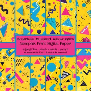 May include: A digital paper collection featuring a mustard yellow background with a repeating pattern of geometric shapes including blue circles, pink triangles, and black squiggly lines. The text reads: Seamless Mustard Yellow 1980s Memphis Print Digital Paper, 21 Jpeg Files - 12inch x 12inch - 4000px, Commercial Use - Instant Download.