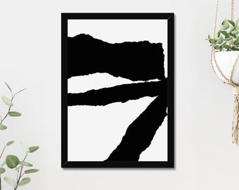 Black and White Torn Abstract Art Print, Minimalist Home Decor (Digital Download)