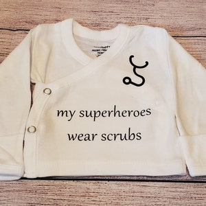 my superheroes wear scrubs nicu shirt, nicu baby, preemie boy clothes, preemie girl clothes, baby shower gift, nicu mom, nicu friendly