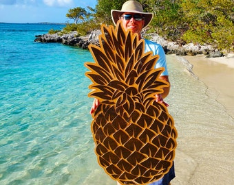 PINEAPPLE Carved Out of Stained Wood, Perfect Pineapple To Decorate Your Home Indoors or Outdoors with Aloha Island Vibes, Pineapple Carving