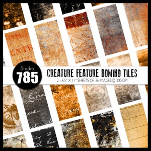 Peut inclure: Deux feuilles de papier numérique avec 36 images de textures grunge dans différentes nuances de brun, noir et or. Les images mesurent 8,5 pouces sur 11 pouces et 300 DPI. Le texte "Creature Feature Domino Tiles" est en haut de l'image.