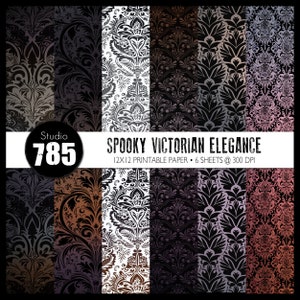 May include: Spooky Victorian Elegance digital paper pack with six 12x12 inch printable sheets featuring black and white damask patterns with various color overlays. Studio 785.