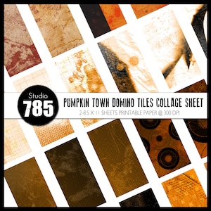 May include: A collage sheet of 12 printable domino tiles featuring various vintage-inspired patterns in shades of brown, orange, and black. The sheet is titled "Pumpkin Town Domino Tiles Collage Sheet" and includes the text "2-8.5 X 11 Sheets Printable Paper @ 300 DPI".