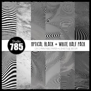 Puede incluir: Seis hojas de papel digital en blanco y negro con patrones de ilusión óptica. Los papeles miden 30,5 cm por 30,5 cm y 300 DPI. El texto "OPTICAL BLACK + WHITE HALF PACK" está en la parte superior de la imagen.