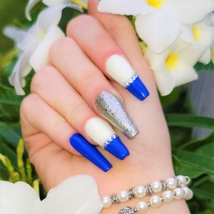 Royal Blue Press on Nails/French Tip Nails/Glittery Nails/Any Shape Nails/Silver Nails/Glue On Nails/Fake Nails
