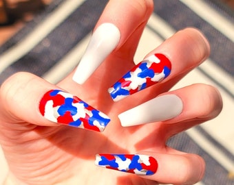 USA Camo Press on Nails/Red, White and Blue Camo Press on Nails/Camo Press on Nails/Como Nails/Camouflage Press on Nails/Camouflage Nails