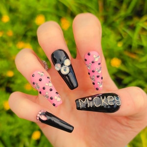 Mickey Mouse Press on Nails/Mickey Mouse Nails/Disney Press on Nails/Disney Nails/Pink Nails/Black Nails/Mickey