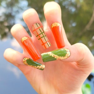 Fall Press on Nails/Fall Flannel Press on Nails/Fall Nails/Fall Plaid Nails/Autumn/Orange Nails/Orange Press on Nails/Green Press on Nails