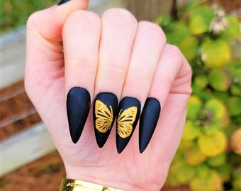 Matte Black Press on Nails with Gold Butterflys/Matte Black Nails/Mate Nails/Black Nails/Butterfly Press on Nails/Gold Nails/Any Shape Nails