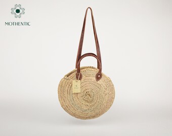 Mothentic Round Wicker Basket Double Leather Handle